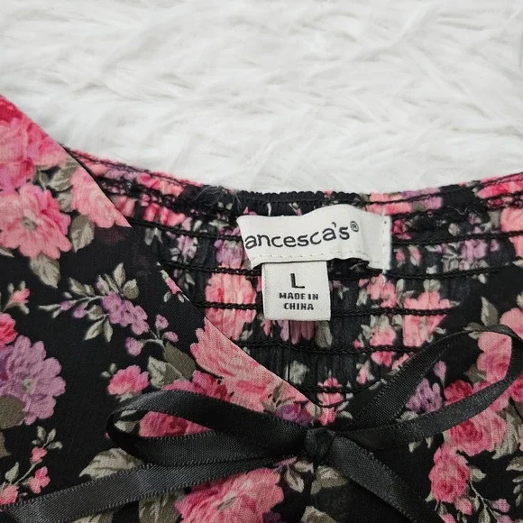 NWT Francesca's Sz L Pink Floral Babydoll Balloon Sleeve Tiered Mini Dress - Picture 5 of 11